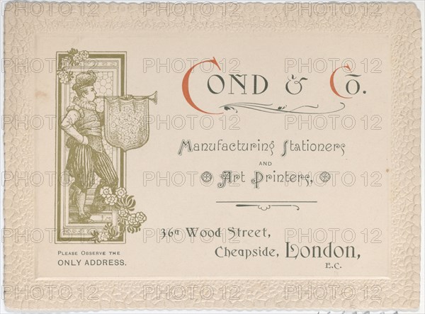 Trade Card for Cond & Co., Manufacturing Stationers and Art Printers, 19th century.
