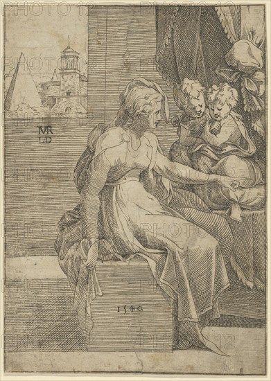 Seated woman with two children (Virgin with Christ and St John the Baptist?), 1540.