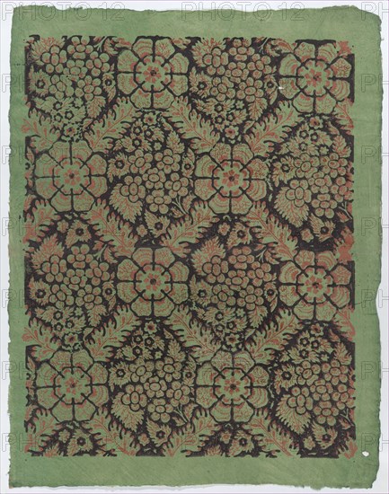 Sheet with overall floral pattern on green background, late 18th-mid-19th century.
