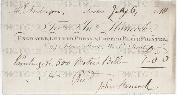 Trade Card for John Hancock, Engraver, Letter Press & Copper Plate Printer, 1818.