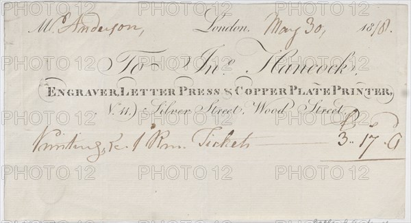 Trade Card for John Hancock, Engraver, Letter Press & Copper Plate Printer, 1818.