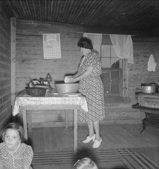 Wife of tobacco sharecropper in kitchen of home. Person County, North Carolina.