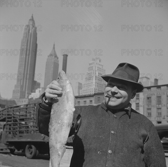 New York, New York. Fisherman holding a large catch at the Fulton fish market.