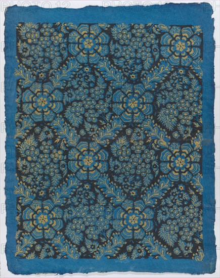 Sheet with overall black and gold floral pattern, late 18th-mid-19th century.