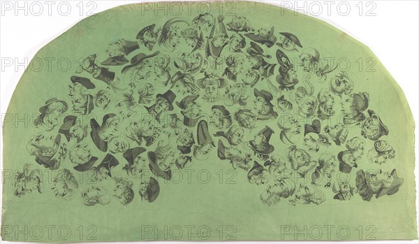 Fan Leaf Decorated with Caricatures and Reversible Heads, early 19th century.