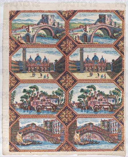 Sheet with two borders with Venetian landscapes, late 18th-mid-19th century.