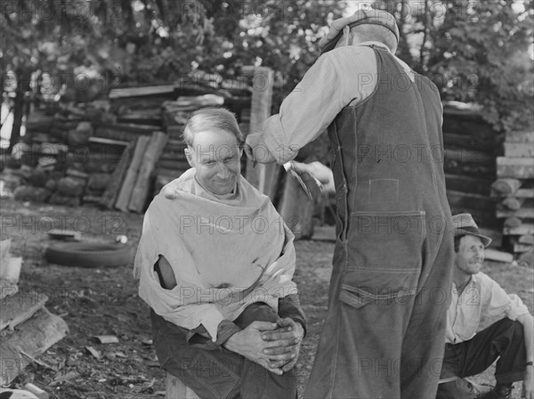 Bean pickers barbering each other. Near West Staten, Marion County, Oregon.