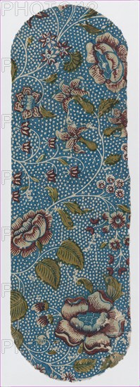 Sheet with an overall floral and dot pattern on blue background, ca. 1846.