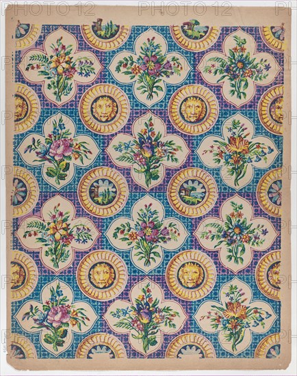 Sheet with pattern of bouquets and lion heads, late 18th-mid-19th century.