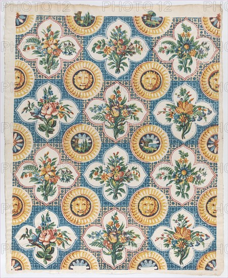 Sheet with pattern of bouquets and lion heads, late 18th-mid-19th century.