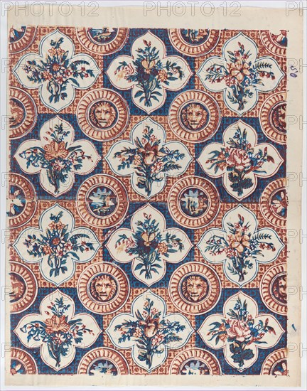 Sheet with pattern of bouquets and lion heads, late 18th-mid-19th century.