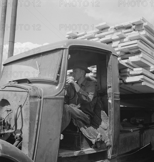 Sawn lumber leaving the mill by truck. Keno, Klamath County, Oregon.