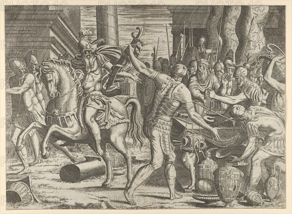Brennus throwing his sword on the scales before Camillus, 1540-56.