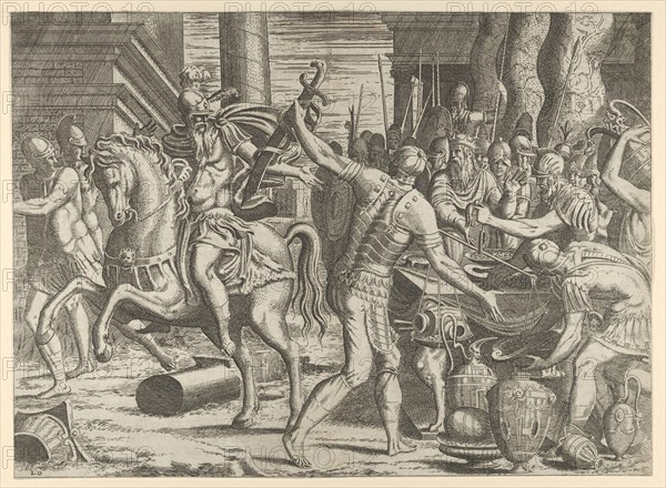 Brennus throwing his sword on the scales before Camillus, 1540-56.