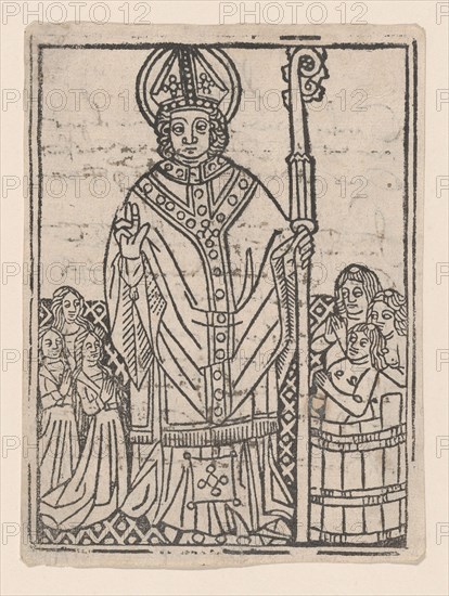 Saint Nicholas of Myra flanked by praying figures, ca. 1460-1470.