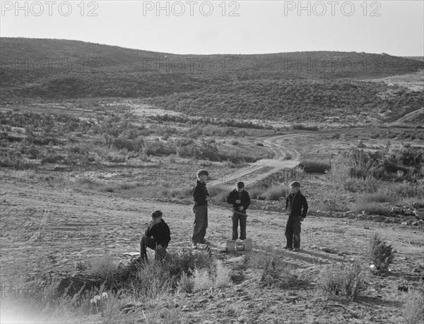 Boys wait for school bus in the morning. Malheur County, Oregon.