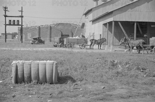 At the cotton gin. Cotton gin and wagons. Hale County, Alabama.