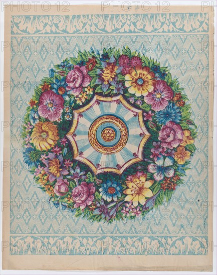 Sheet with a large floral wreath, late 18th-mid-19th century.