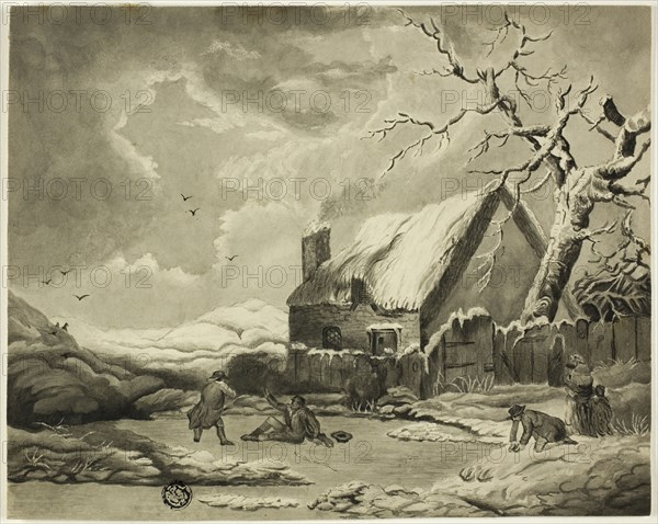 Winter Scene with People Outside a Cottage Near a Pond, n.d.