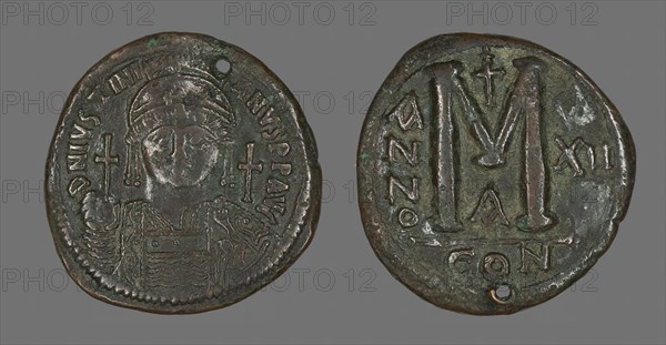 Follis (Coin) Portraying the Emperor Justinian I, 538-539. Creator: Unknown.