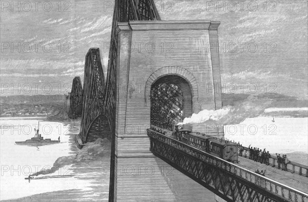 ''Running the first train over the new Forth Bridge', 1890.