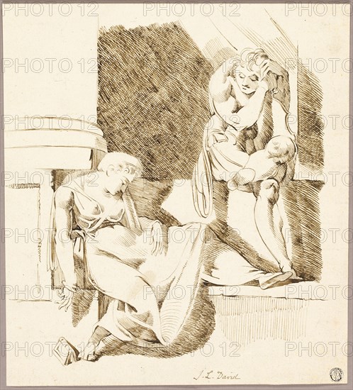 Seated Troubadour Looking at Woman Asleep on Ledge, n.d.