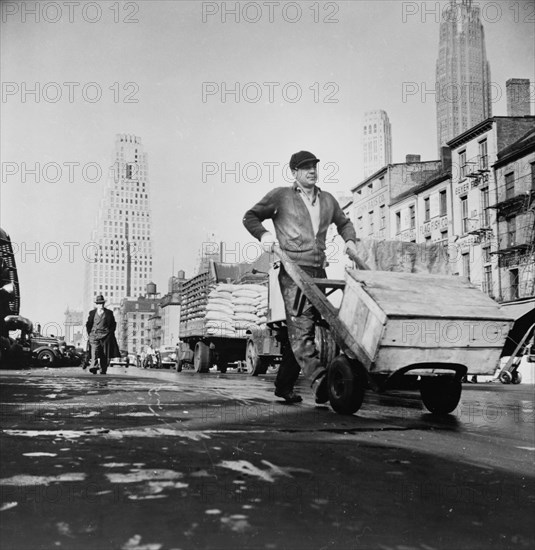 New York, New York. Fulton fish market street scene.