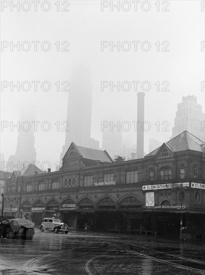 New York City, foggy morning at Fulton fish market.