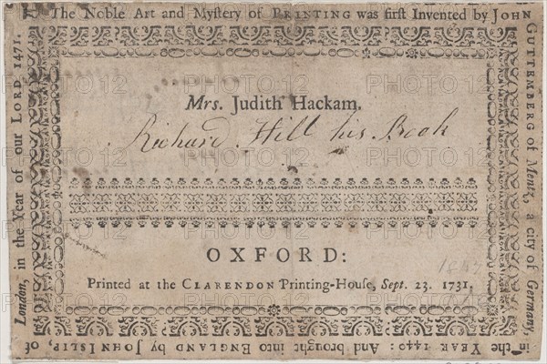 Book Label for Mrs. Judith Hackam, 19th century.