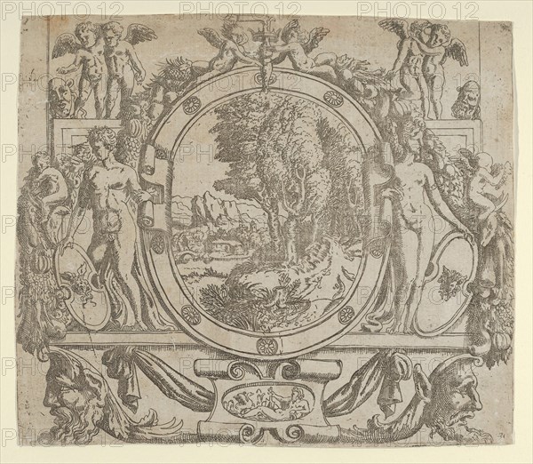 Oval landscape in an ornate frame, ca. 1542-45.