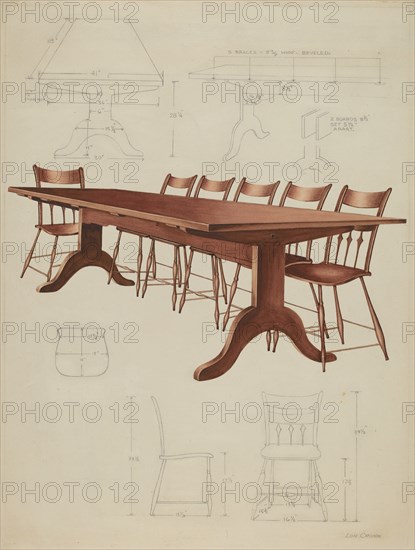 Shaker Dining Table and Chairs, c. 1937.
