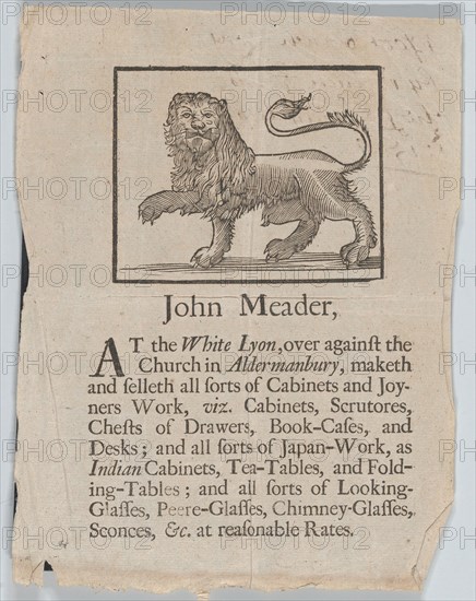 Trade Card of John Meader, Cabinets and Joyners Work, ca. 1690-1720. Creator: John Meader.
