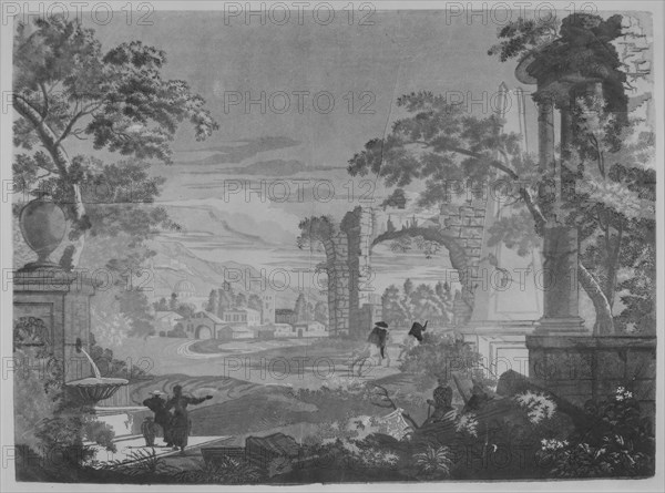 Heroic Landscape with Watering Place, Riders, and Obelisk, 1744. Creator: John Baptist Jackson.