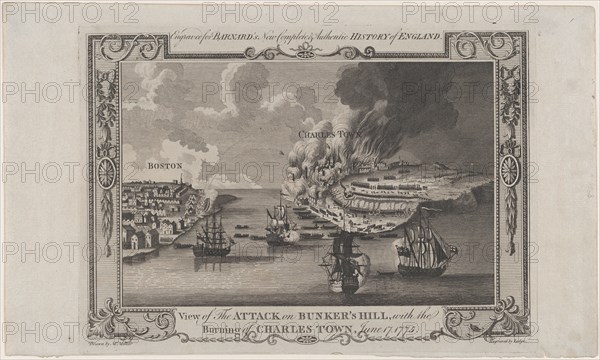 View of the Attack on Bunker's Hill, with the Burning of Charles Town, June 17, 1775, 1781-1783. Creator: John Lodge.