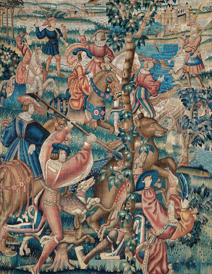 Tapestry (Bear Hunt and Falconry from a Hunts Series), Belgium, c. 1525. Creator: Unknown.