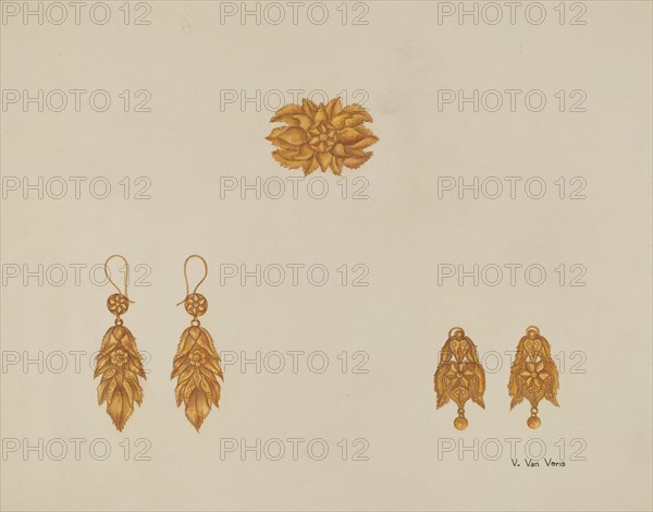 Brooch and Earrings, c. 1937. Creator: Vera Van Voris.