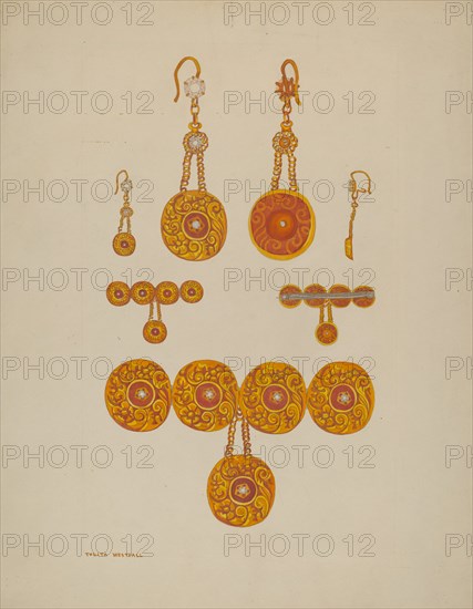 Earrings and Brooch, c. 1937. Creator: Tulita Westfall.