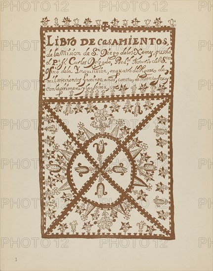 Plate 1: Jemez Book of Marriages: From Portfolio "Spanish Colonial Designs of New Mexico", 1935/1942 Creator: Unknown.