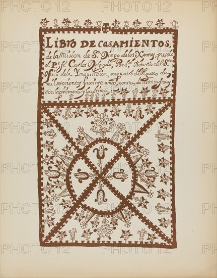 Plate 1: Jemez Book of Marriages: From Portfolio "Spanish Colonial Designs of New Mexico", 1935/1942 Creator: Unknown.