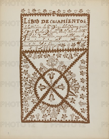 Plate 1: Jemez Book of Marriages: From Portfolio "Spanish Colonial Designs of New Mexico", 1935/1942 Creator: Unknown.