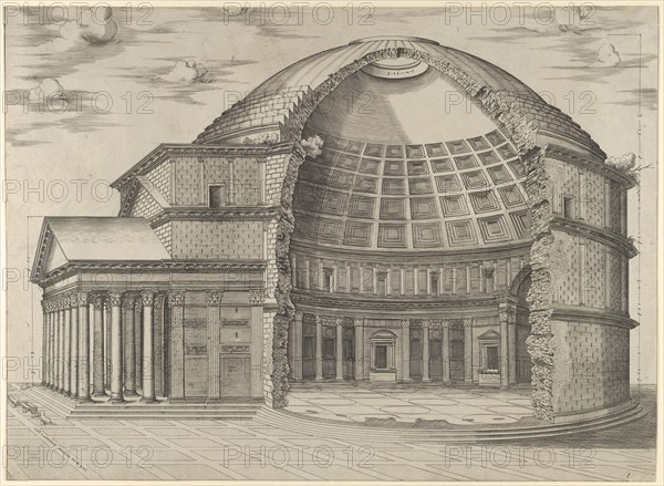 Reconstruction of the Pantheon in Rome, seen from the side, cut away to reveal the interior, 1553. Creator: Anon.