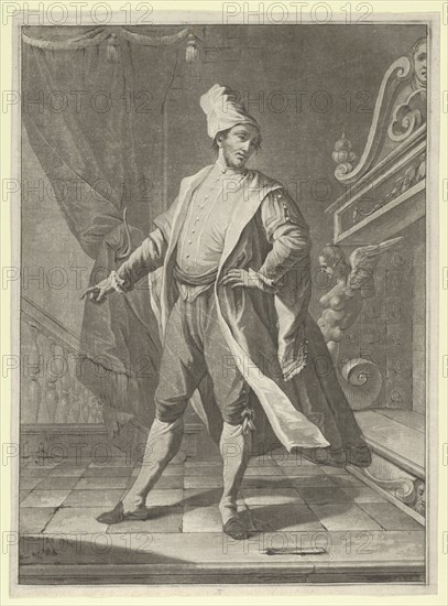Man in Venetian costume standing before a large fireplace, right arm outstretched..., ca. 1770-1800. Creator: Anon.