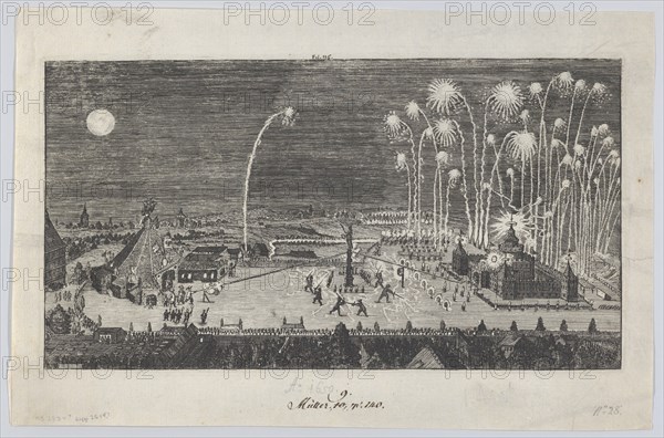 Fireworks display celebrating the end of the Thirty Years War, Nuremberg, 1650 Creator: Anon.