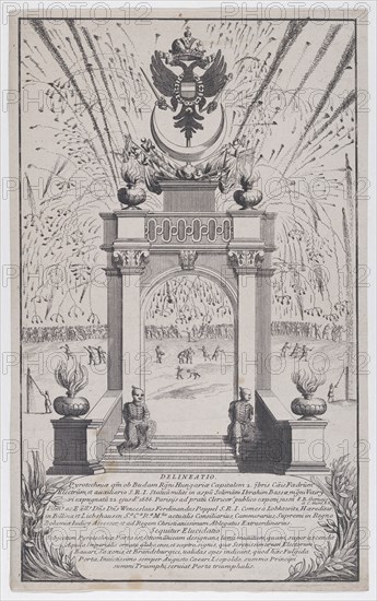 Fireworks and triumphal arch erected in Buda to celebrate the expulsion of the Turks, Sept..., 1686. Creator: Anon.