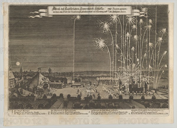Fireworks display celebrating the end of the Thirty Years War, Nuremberg, 1650, 1650., 1650. Creator: Anon.