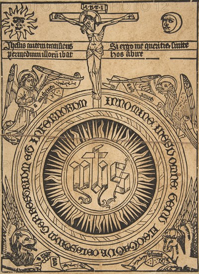 The Sacred Monogram with the Symbols of the Evangelists and the Crucifixion (Schr...., 15th century. Creator: Anon.