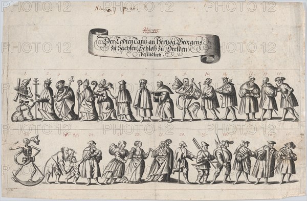 Plate from a book showing a procession of men and women with a skeleton at the beg..., 17th century. Creator: Anon.