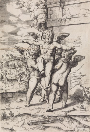 [Four Cupids; Apollo and Daphne in the Background], 16th-early 17th cen..., 16th-early 17th century. Creator: Anon.
