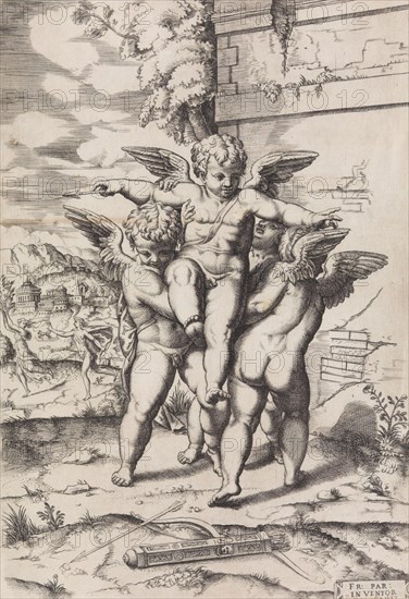 [Four Cupids; Apollo and Daphne in the Background], 16th-early 17th cen..., 16th-early 17th century. Creator: Anon.