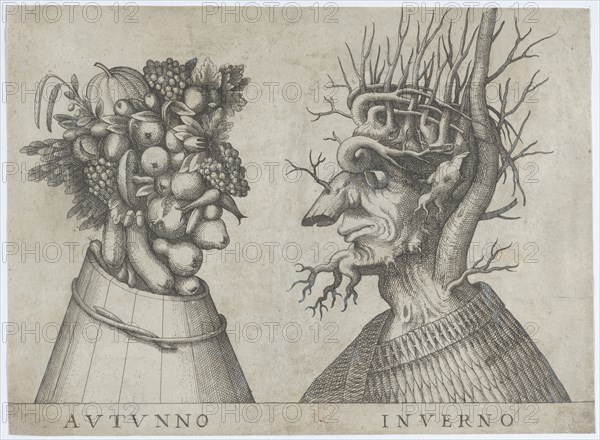 Autumn and Winter: two heads made from flora typical of those seasons, ca. 1580-1620., ca. 1580-1620 Creator: Anon.